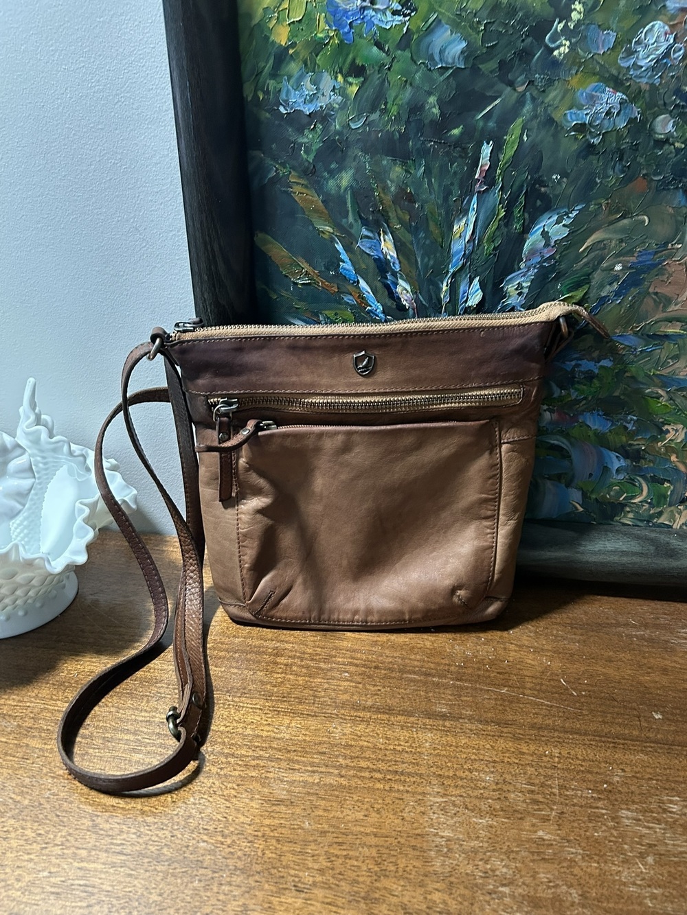 Vintage Boho Cochoa Brown Leather Triple Zip Crossbody Bag